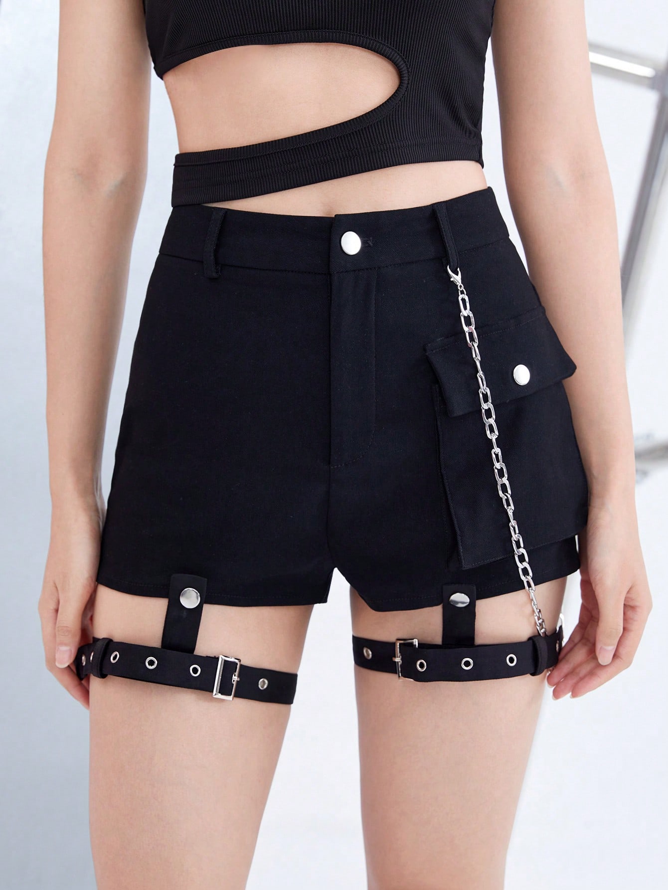Grunge Punk Solid Grommet Eyelet Garter Shorts With Chain, School