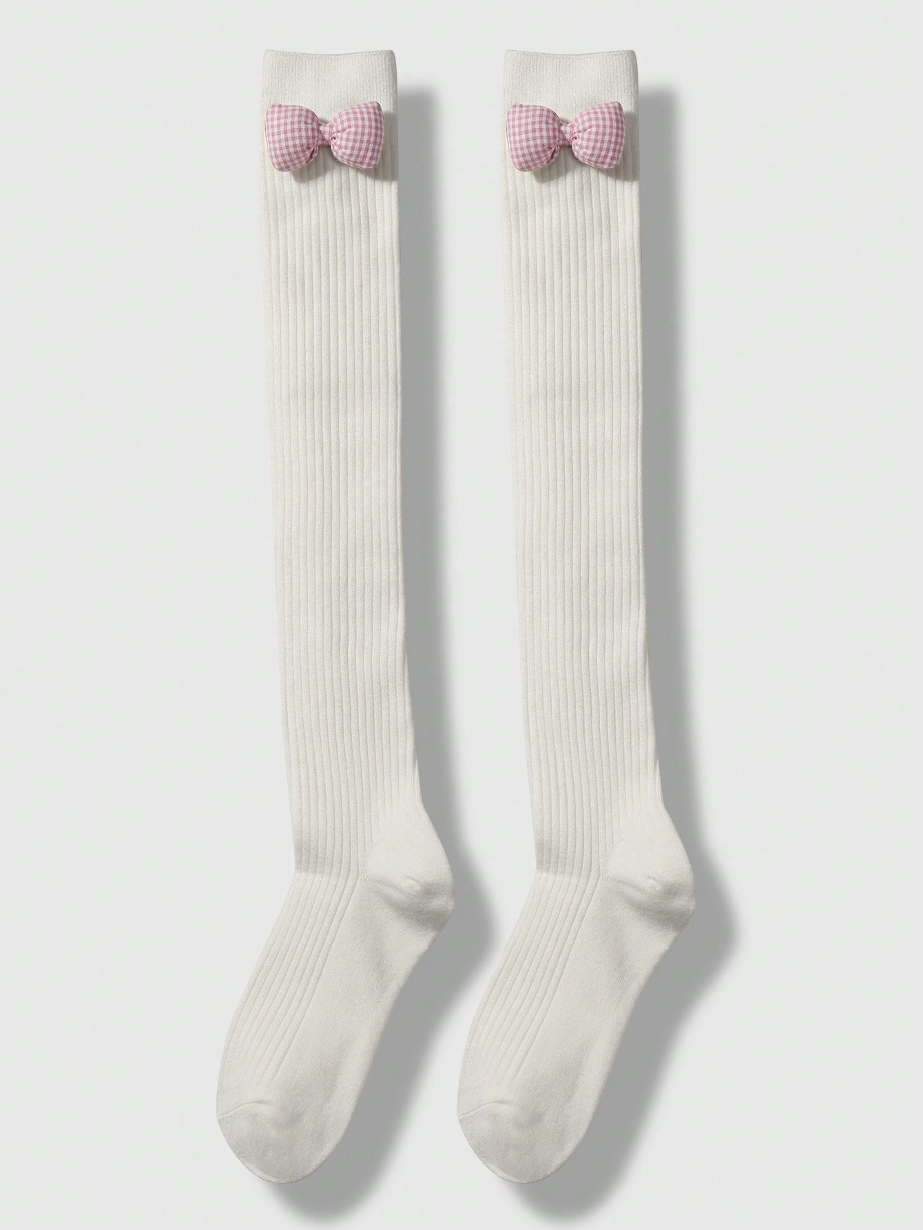 Kawaii 1 Pair Korean Style Cute & Simple Versatile High-Quality Warm White Vertical Stripe Pink Bow Decor JK Socks, Thigh High Stockings, Suitable For Women & Girls, Daily Wear, Gift Box Packaging